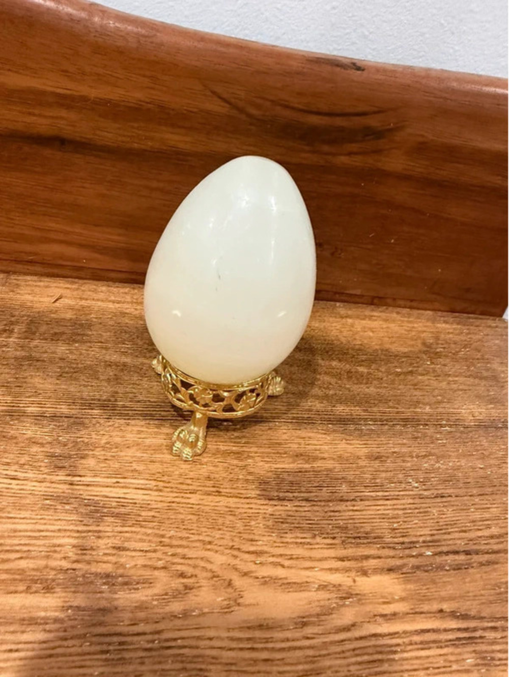 Vintage White Onyx Stone Egg on Ornate Gold Tone Stand